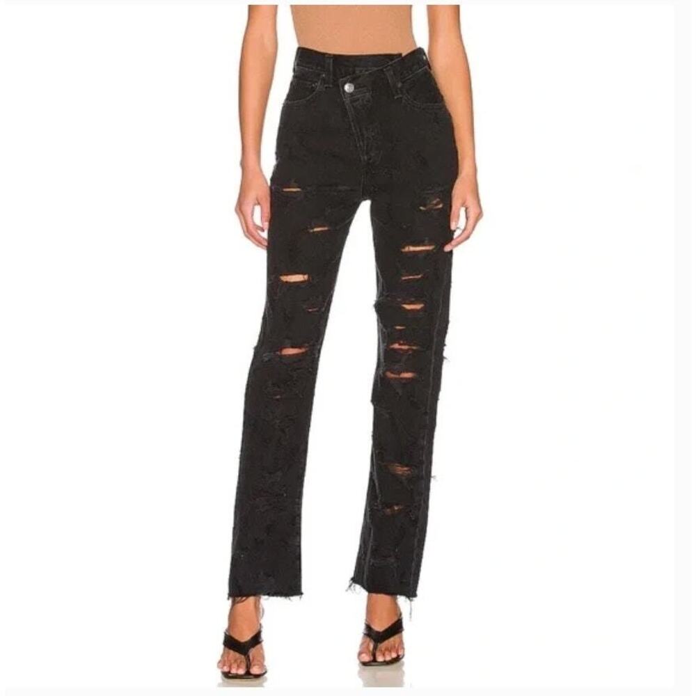 Agolde Criss Cross Straight Leg Distressed Ripped Feverish Black Denim Jeans 23